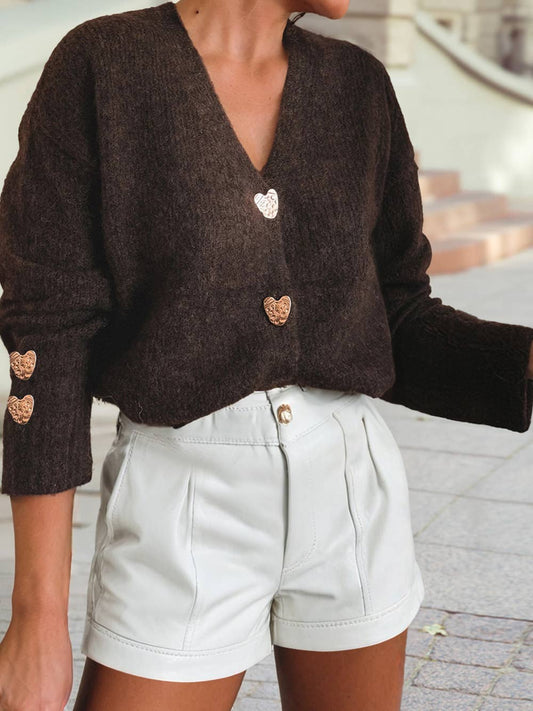 V Neck Heart Chunky Knit Metal Button Sweater Cardigan