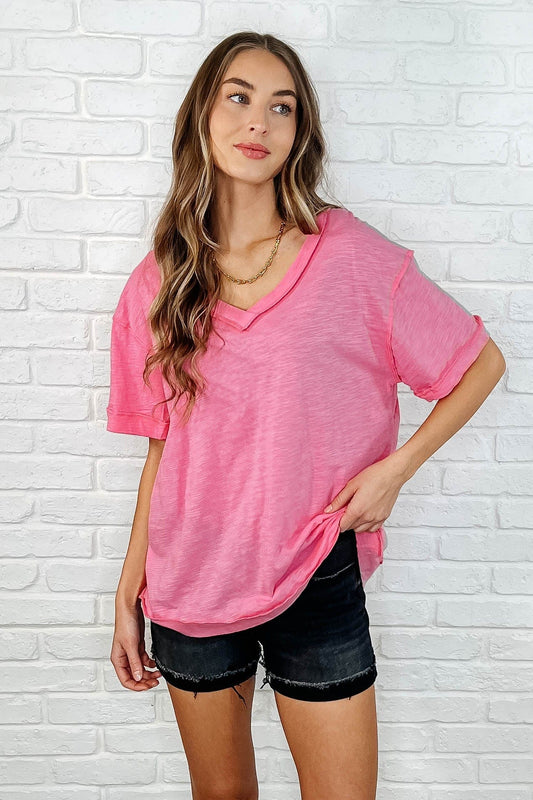 Basic Instinct Drop Shoulder V-Neck Tee in Pink - Ave