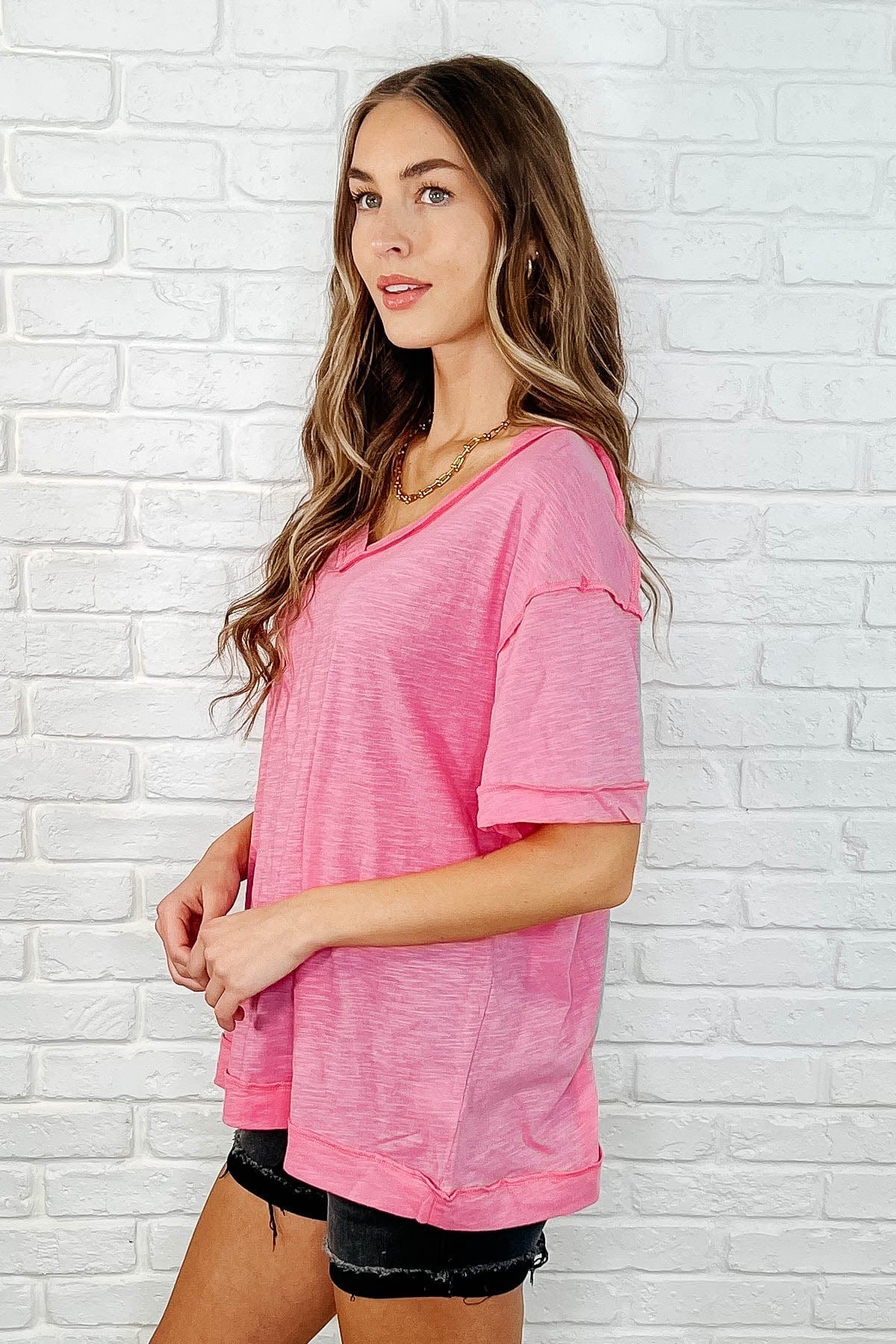 Basic Instinct Drop Shoulder V-Neck Tee in Pink - Ave