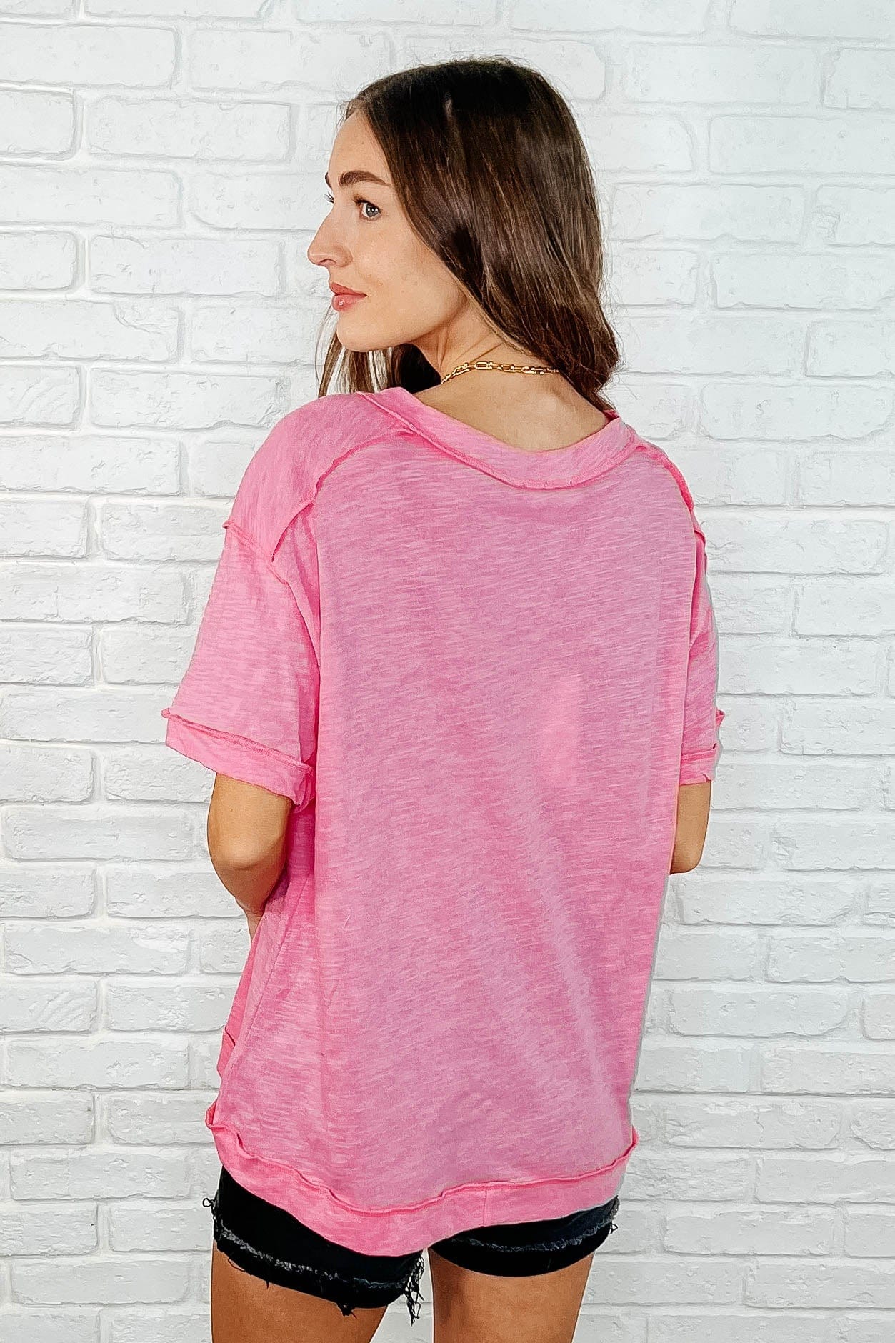 Basic Instinct Drop Shoulder V-Neck Tee in Pink - Ave