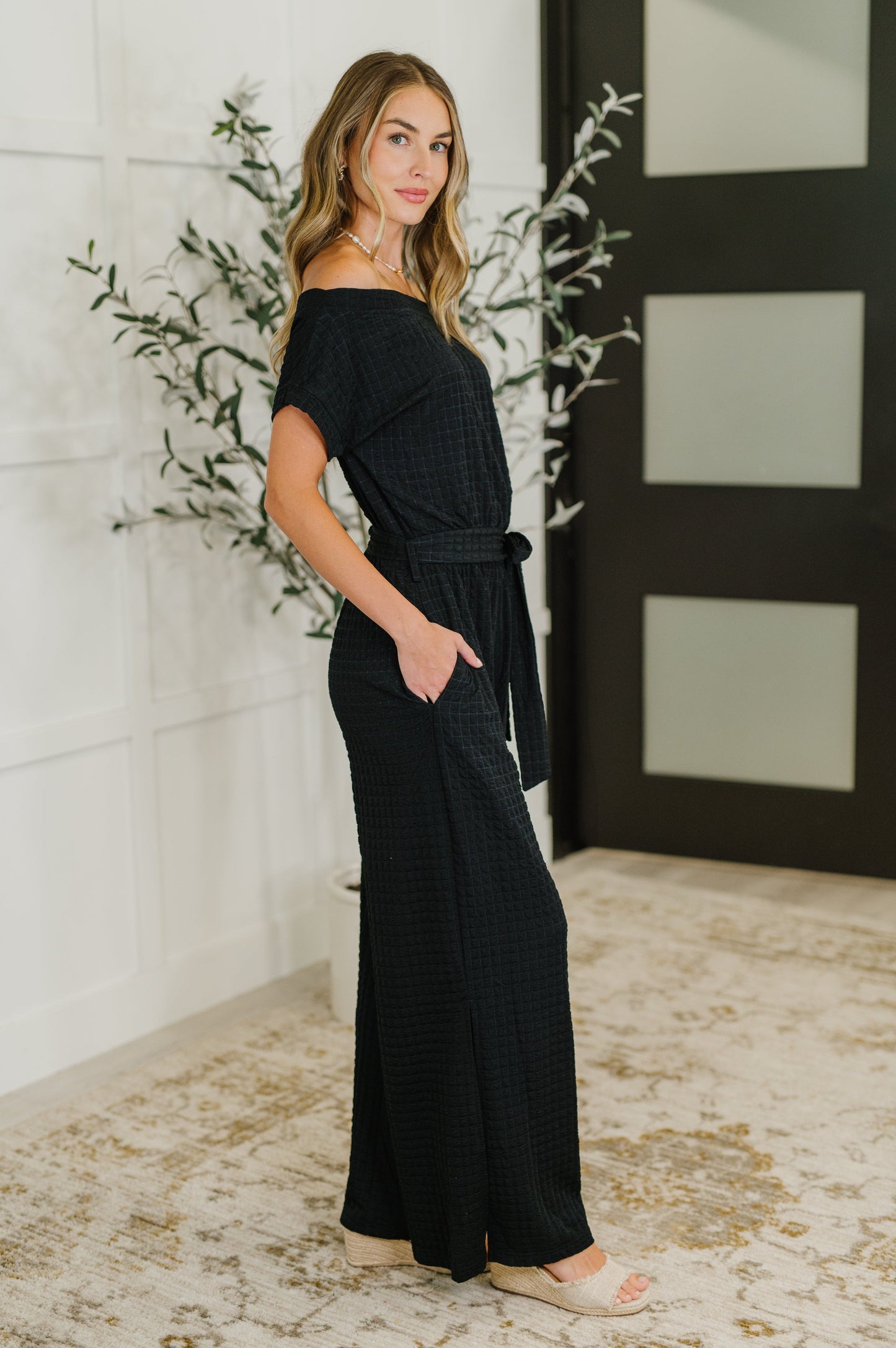 Textured Knit Jumpsuit in Black