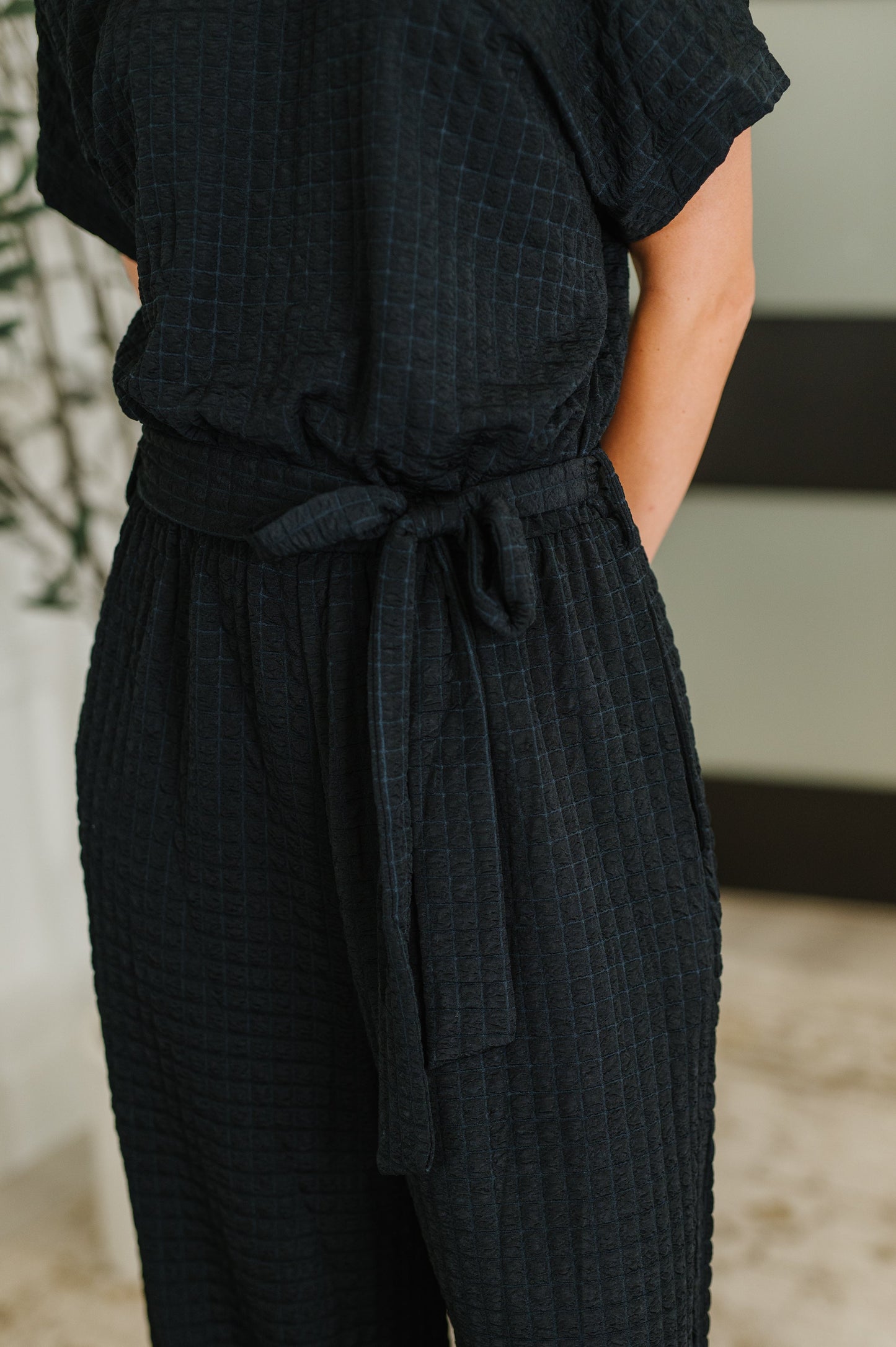 Textured Knit Jumpsuit in Black