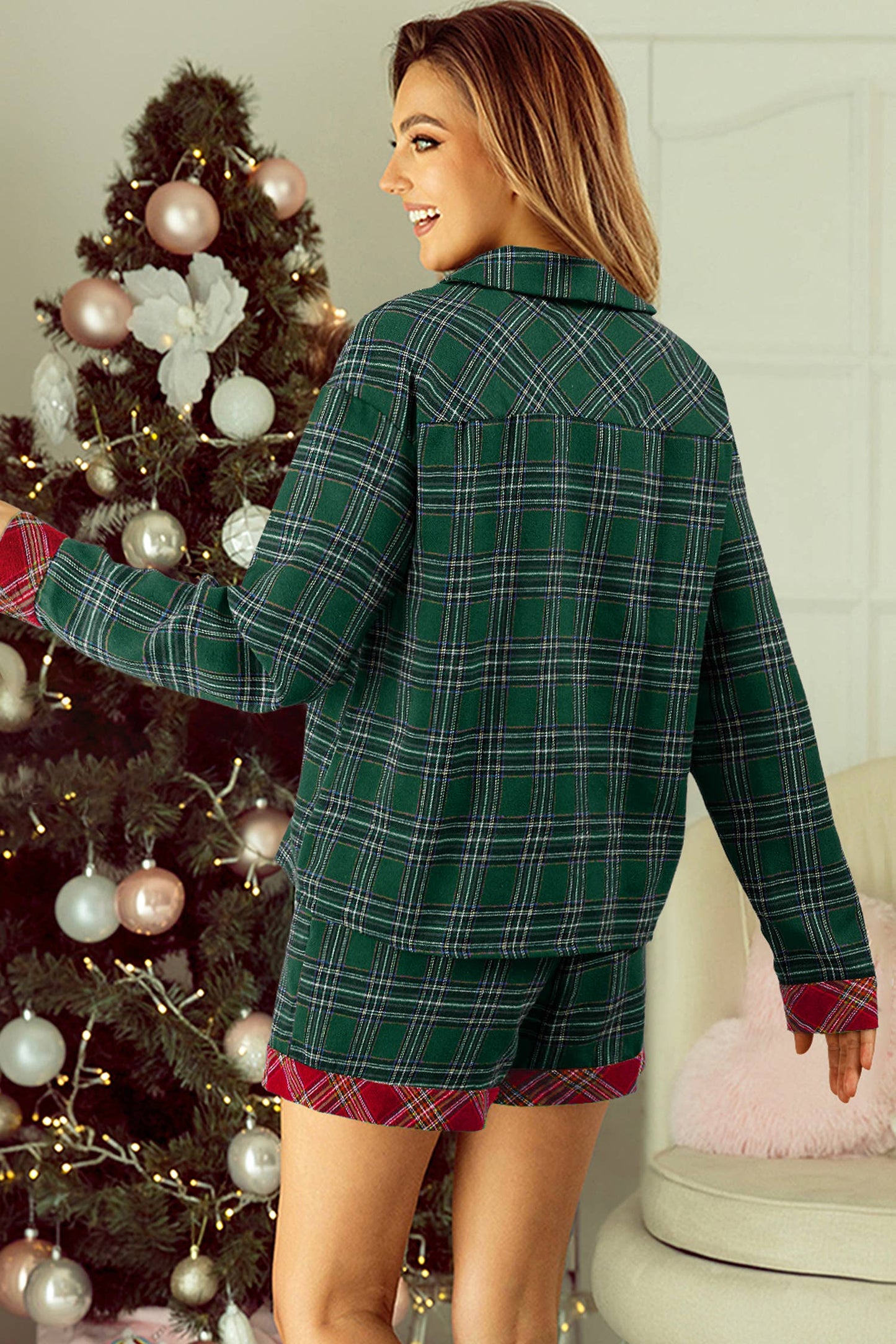 Plaid Contrast Patched Christmas Shirt & Short 2pcs Pjms Set